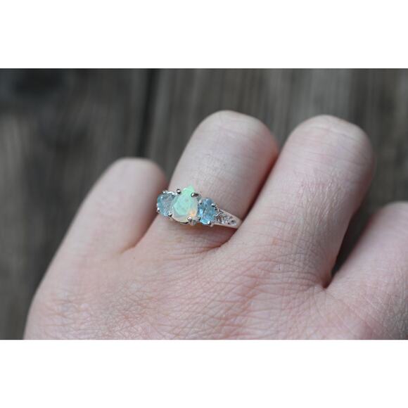 Aquamarine and opal engagement ring sterling silver size 3 4 5 6 7 8 9 10 11 12 - Picture 1 of 3